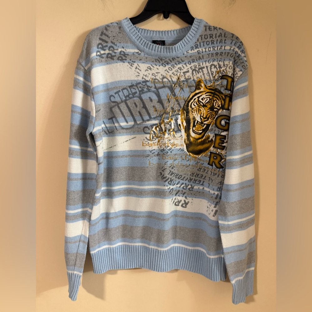LAGOS XL Blue, White, and Gold Tiger Graphic Sweater